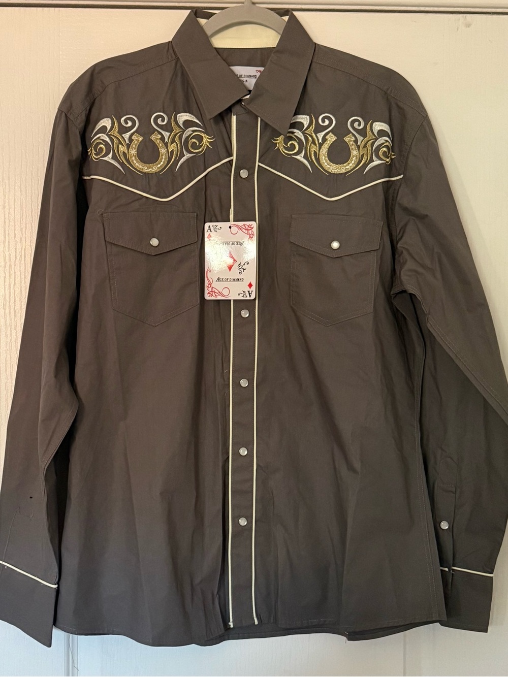 Men's Embroidered Western Shirt Gray pearl snap NEW